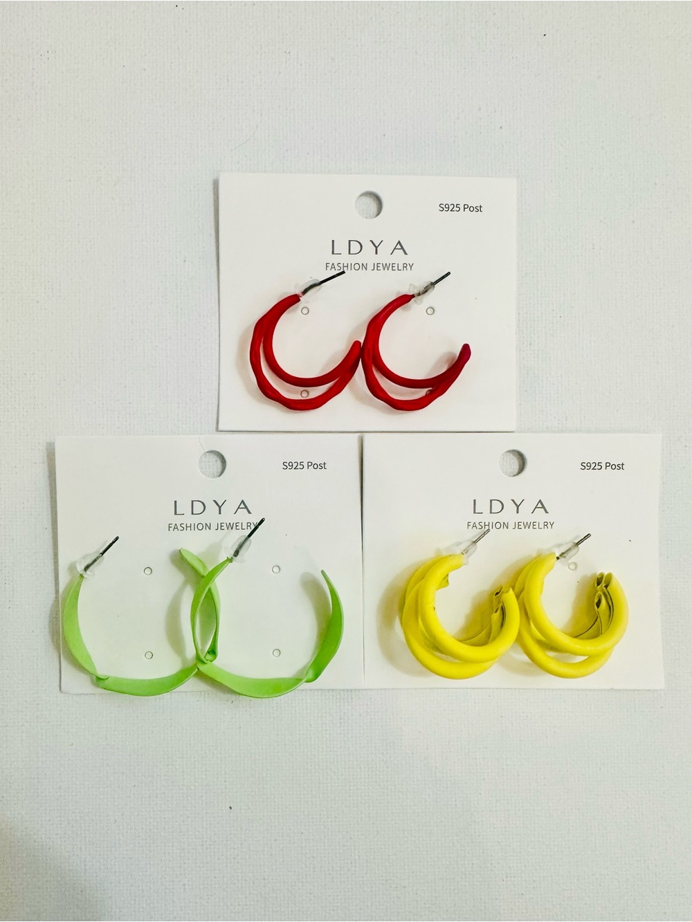 3-Pair Colorful Layered Hoop Earrings Bundle Red Green Yellow
